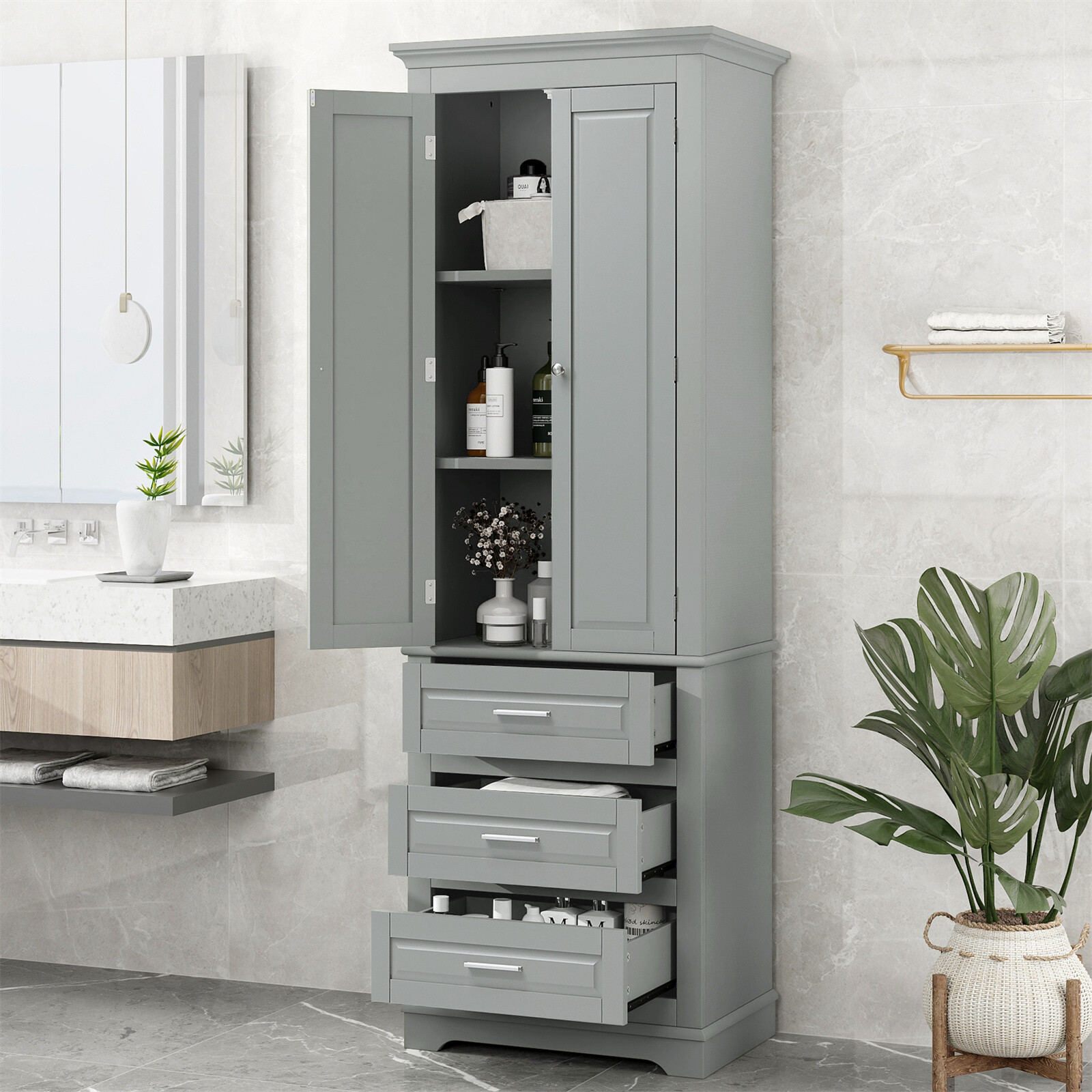 Tall Bathroom Storage Cabinet Floor Cabinet with Drawers and Adjustable Shelves