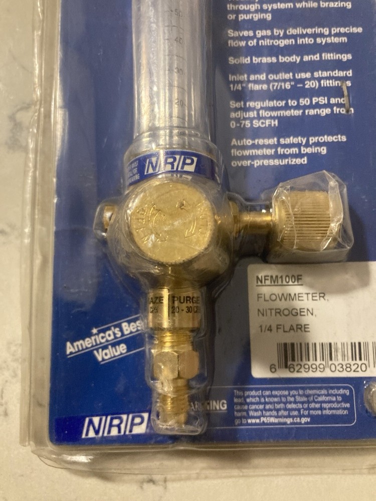 NRP Nitrogen Flowmeter NFM100F, 1/4 Flare 50psi, 0-75 SCFH, Solid Brass