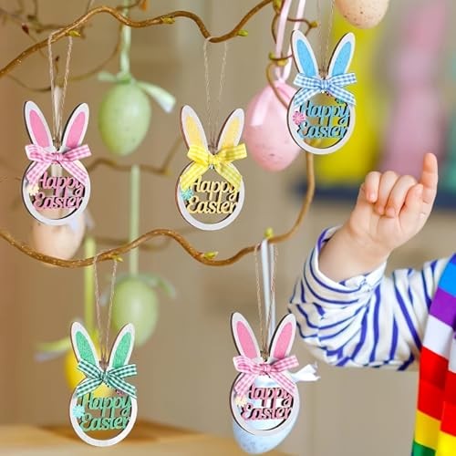 4 Pcs Bunny Tree Ornament Wooden Hanging Happy Easter Ornaments with Bunny-2
