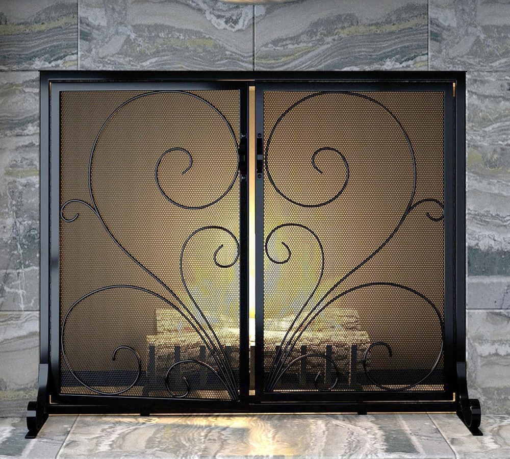 Flat Fireplace Screen with Doors,Solid Wrought Iron Frame with Metal Mesh, Fl...