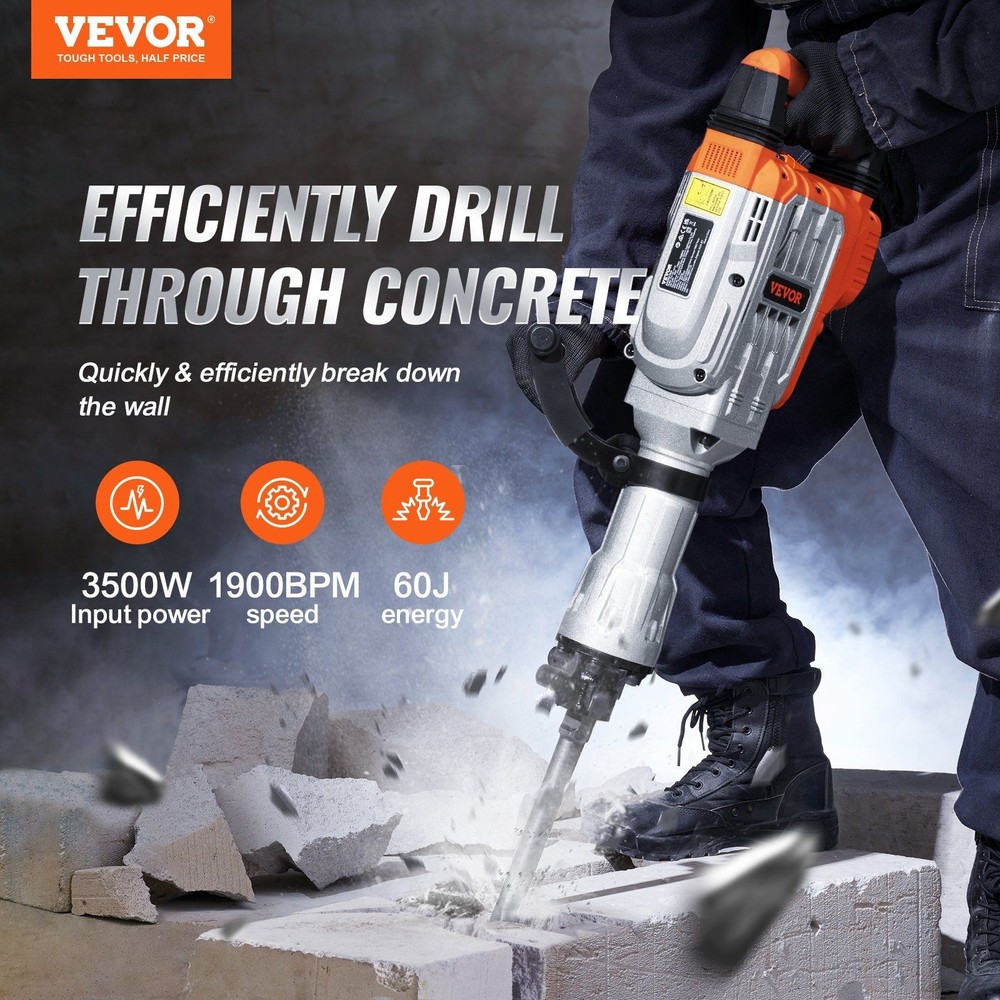 3500W Electric Power Hammer for Demolition, Includes 2 Chisel Bits