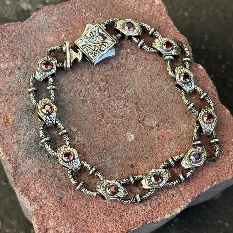 Men Silver Ruby Hand-Engraved Bracelet, Red Ruby Gemstone Chain Bracelet