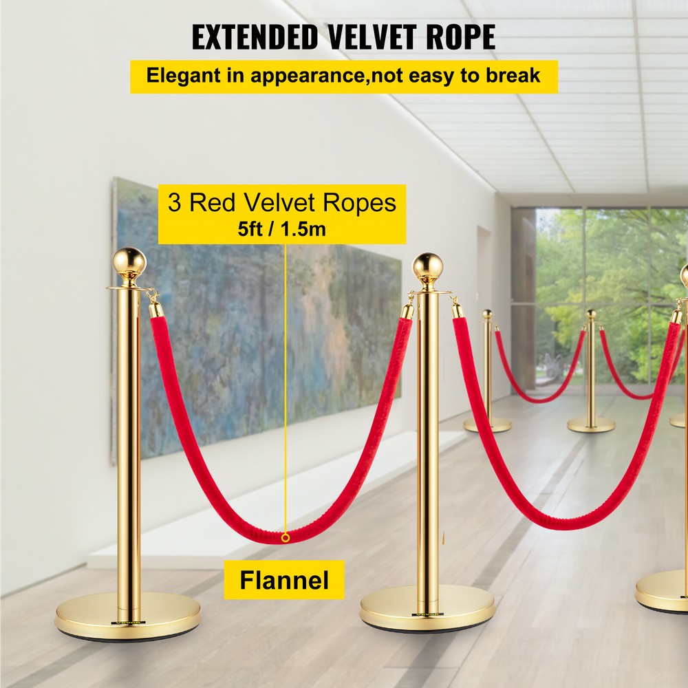 4Pcs Stanchion Posts Queue Pole Barrier Crowd Control With 3 Velvet Ropes