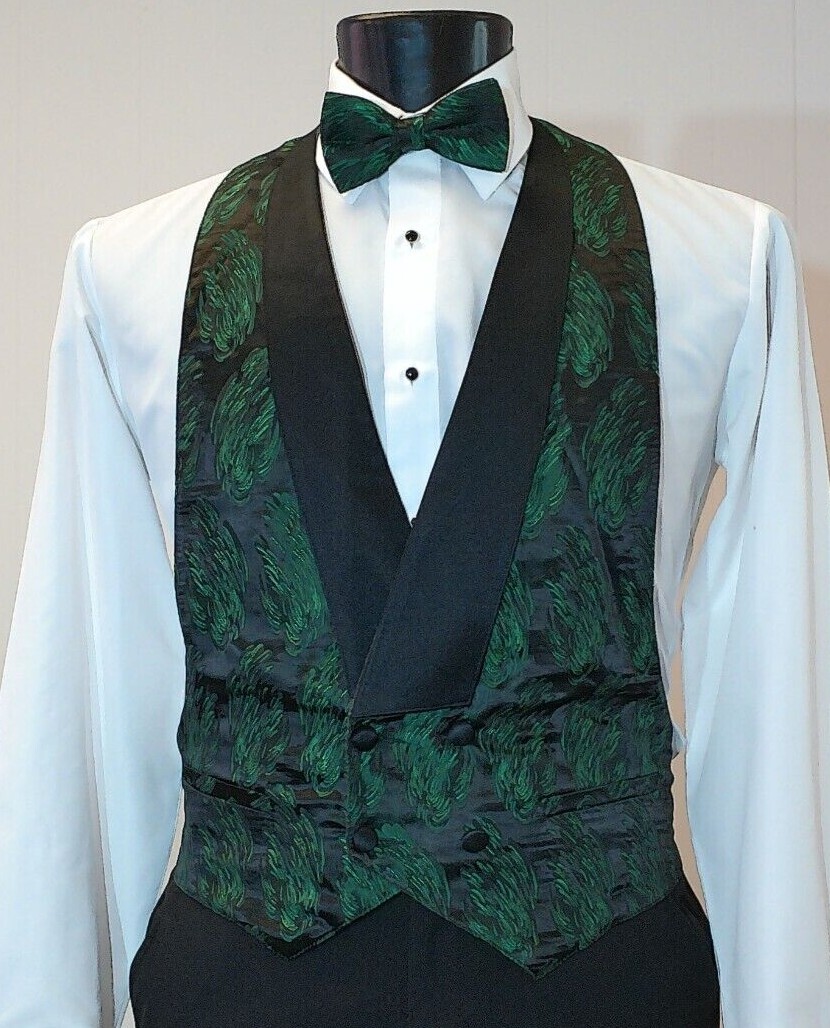 Men's Emerald Backless/Open Back Vest, Pre Tied Bow Tie, and Pocket Square