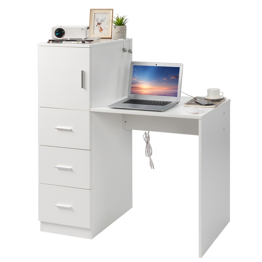 White embossed chipboard computer desk with 2 power sockets