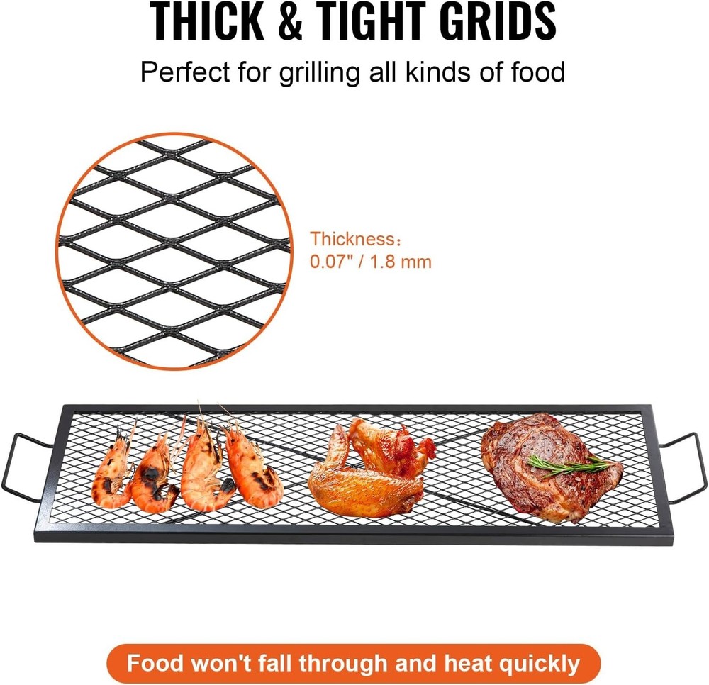 44" Fire Pit Grill Grate Rectangle Heavy Duty Campfire BBQ Cooking Grid w/Handle
