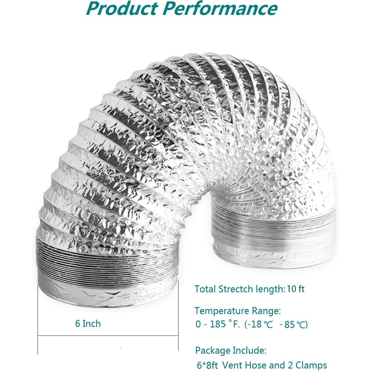 6-Inch Dryer Vent Hose 10 FT Flexible Duct with 2 Clamps for HVAC Ventilation