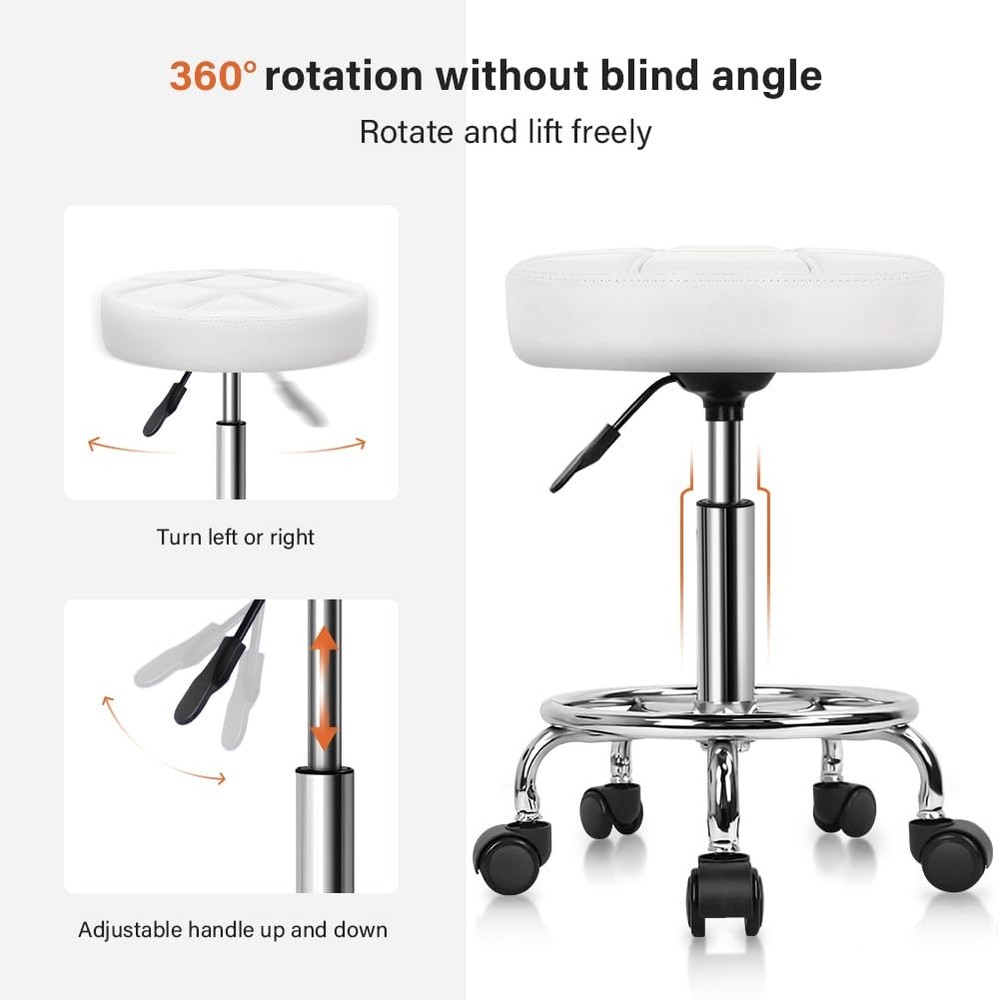Round Rolling Stool Chair PU Leather Height Adjustable Swivel Drafting Work S...