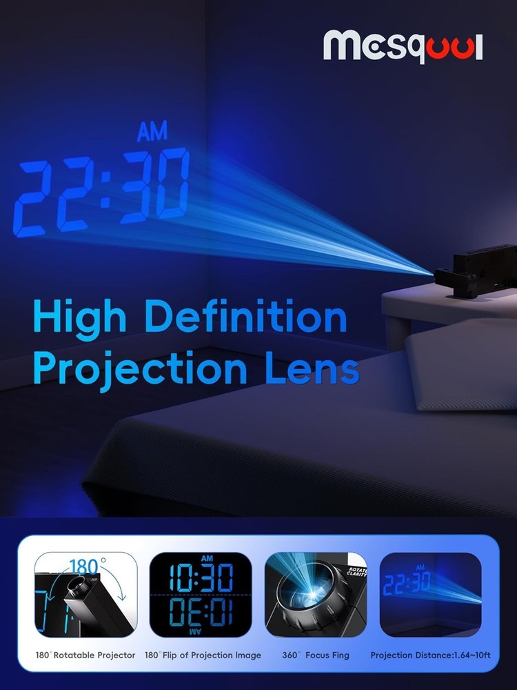 Adjustable Brightness Projection Clock with Snooze and Daylight Saving Functions