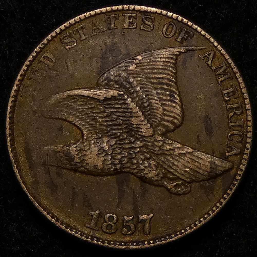 Sharp 1857 Flying Eagle Cent struck through grease. Nearly headless.