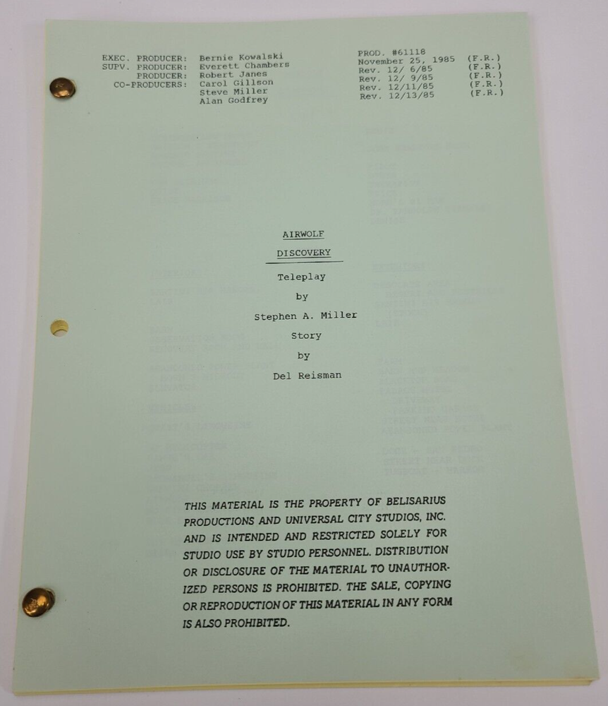 AIRWOLF / Stephen A. Miller 1985 TV Script, Jean Bruce Scott "Discovery"