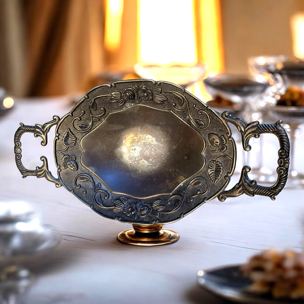 Studio Silversmiths Floral Repousse Candy Trinket Dish w Handles & Feet Vintage