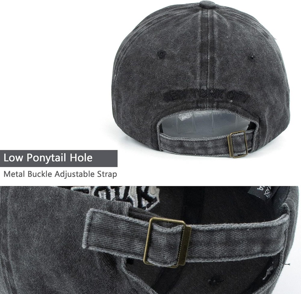 Baseball Hat New-York Distressed-Adjustable-Strapback - One Size, Black