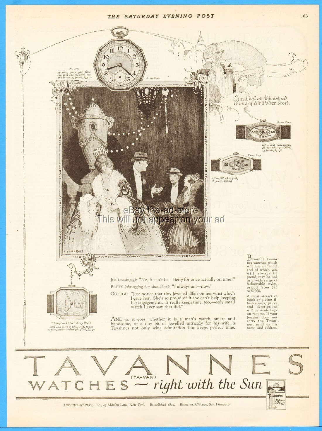 1923 Tavannes Watch Co Sir Walter Scott Sundial Abbotsford Pocket Wrist Watch Ad