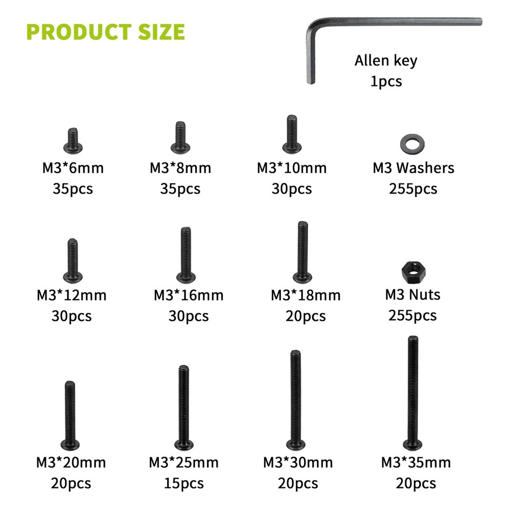 QOOSIKICC 765 Pcs M3 Bolt and Nut Kit - Hex Socket Button Head Cap M3, Black