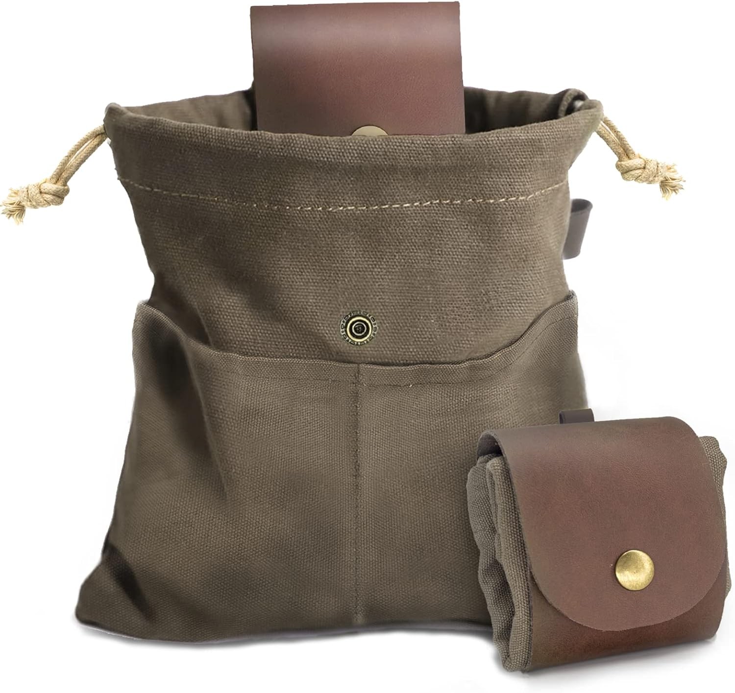 Foraging Pouch Leather Canvas Collapsible Bag Water Resistant 8.66", Green