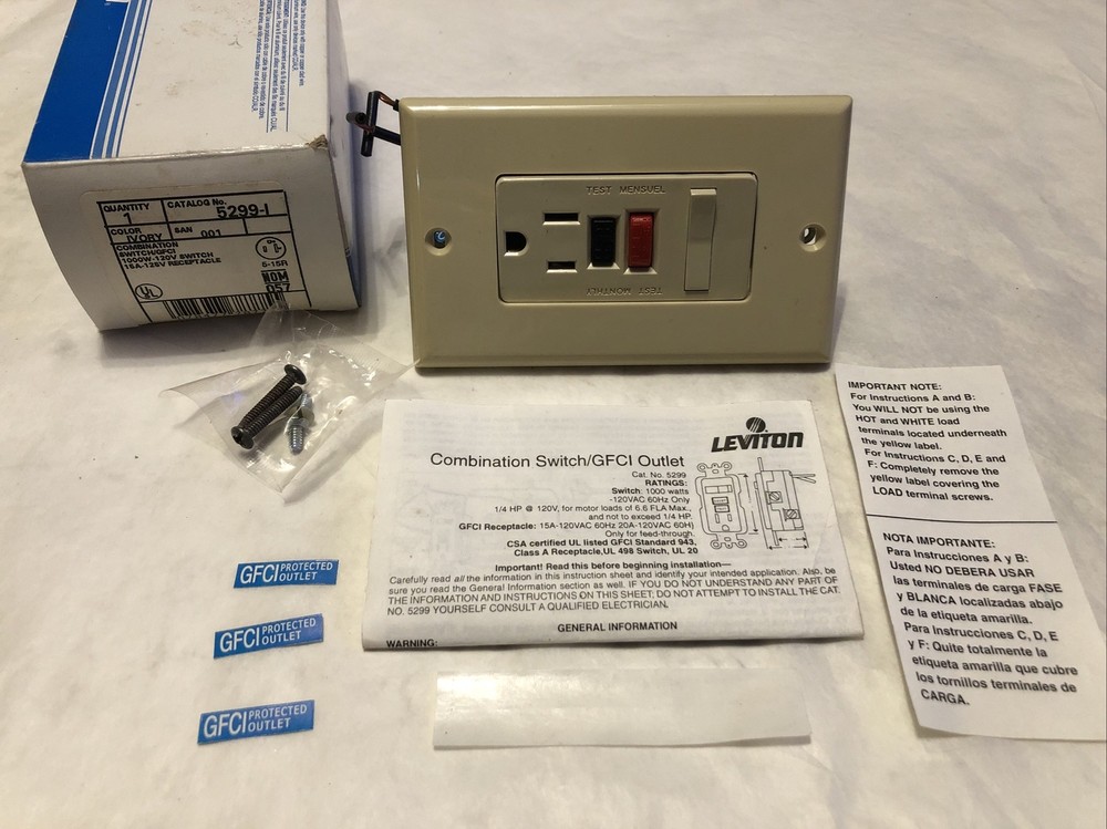 Leviton 5299-I Combination Switch/Receptacle, 15A 125V, Ivory