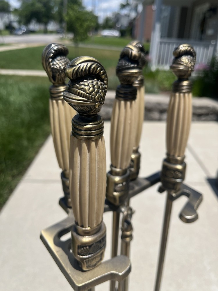 Solid Brass Fire Tools - Civil War Sword Replica Bone Handle w/ Knight Helmets