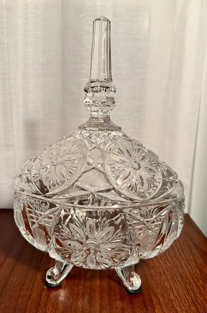 Large Heavy Etched Crystal  Covered Oval Bowl/Dish