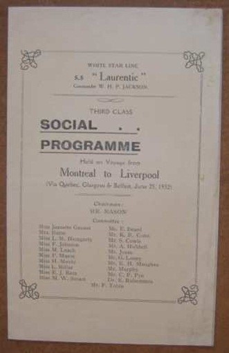 LAURENTIC (White Star) 1932 Social Programme