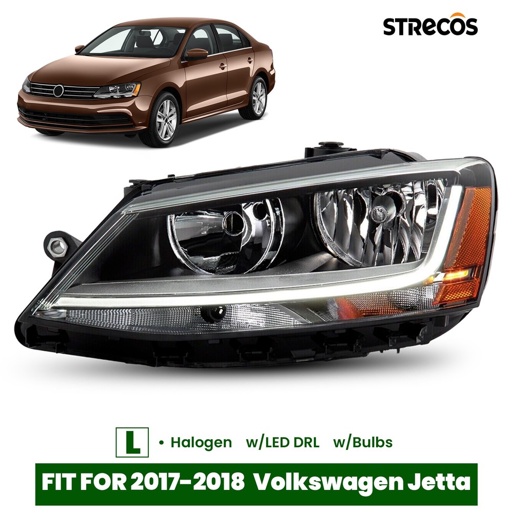 Halogen Headlight For Volkswagen Jetta 2017-2018 w/ LED DRL Left Side Chrome