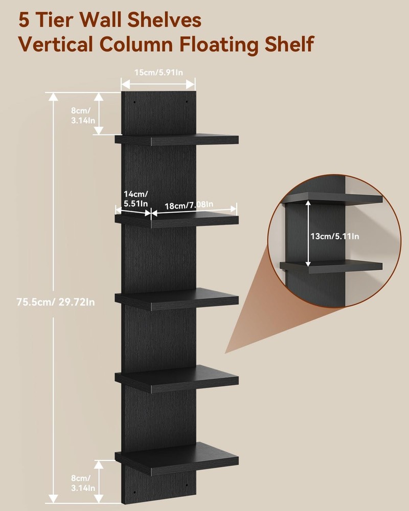 5 Tier Wall Shelf Unit,Black Vertical Shelf,Floating Storage Shelf,Decorative...