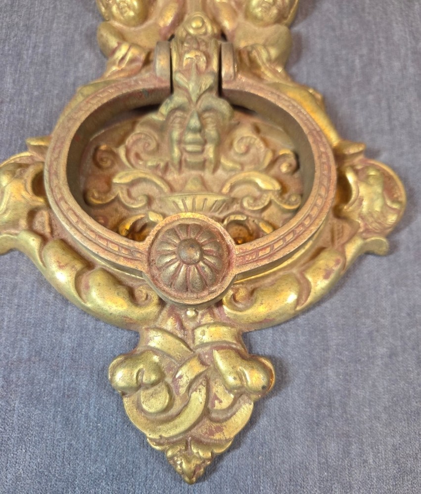 Large Solid Brass Cherub Door Knocker with Dogs and Gargoyle