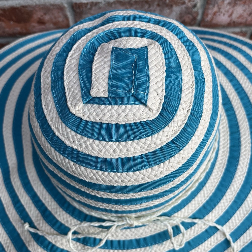 Jacobson Striped Ribbon Sun Beach Hat Turquoise & White Packable OSFA