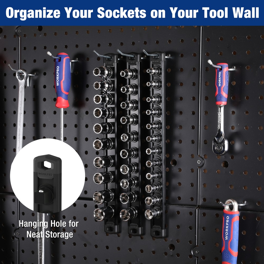 WORKPRO 3/8'' Dr Magnetic Socket Organizer (no Socket)Aluminum Alloy Socket Rail