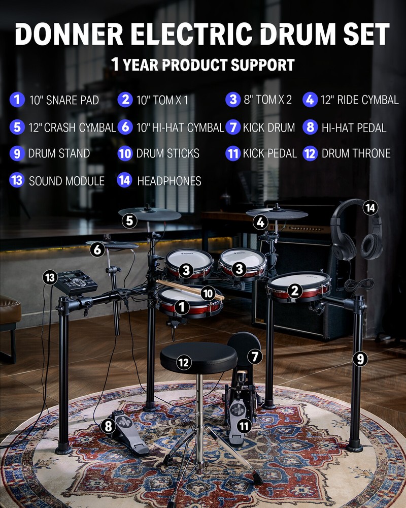 Donner DED-200 Max Electronic Drum Set With Throne Headphone 450 Authentic Sound