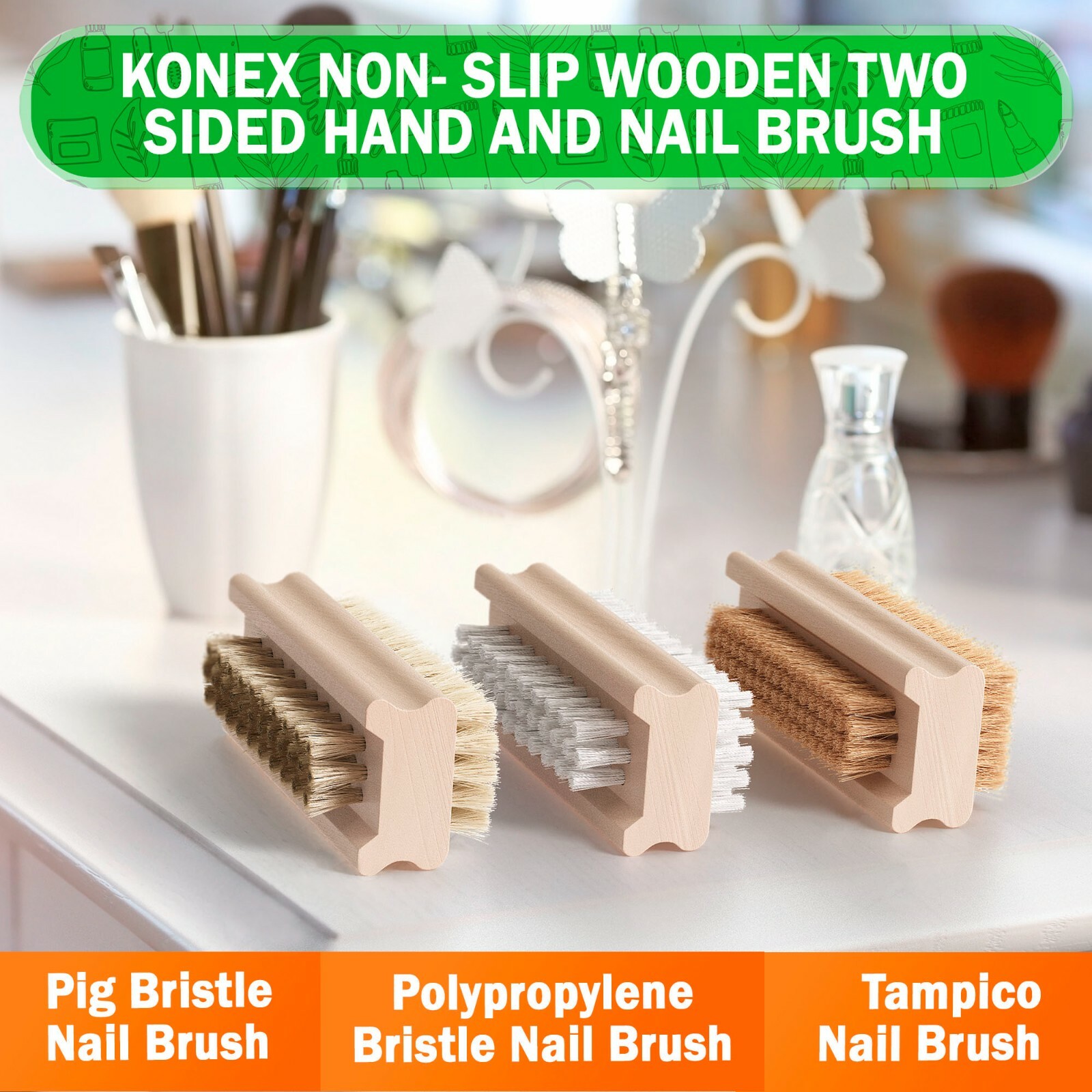 Konex Non-Slip Wooden Two-sided Hand and Nail Cleaning Brush
