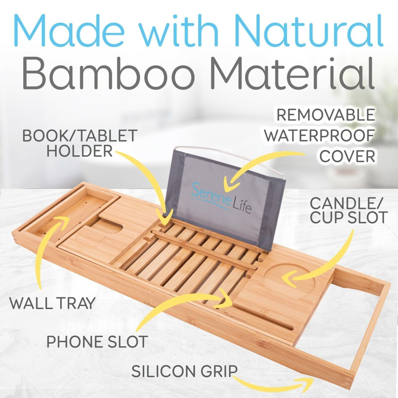 Luxury Bamboo Bathtub Caddy Tray - Adjustable Natural Wood Bath Tub Organizer
