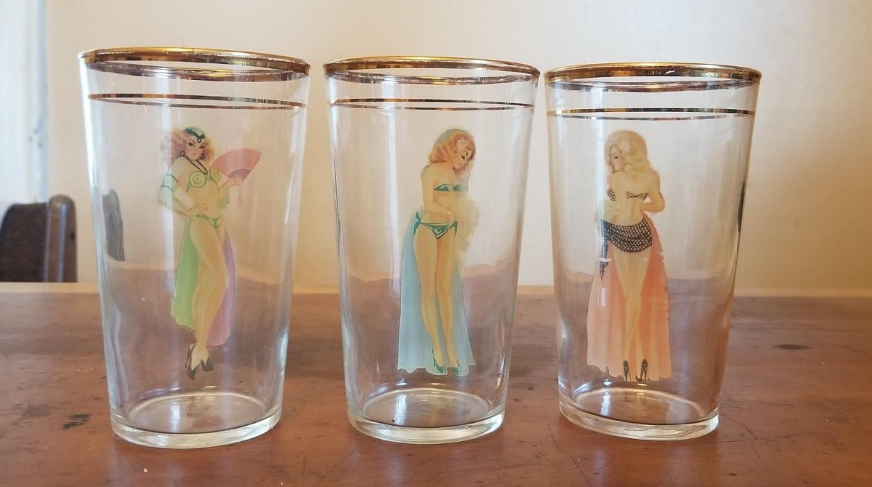 Set of 3 Vintage 1940s Peek-A-Boo Decal Pin Up Lady Girl Highball Glasses