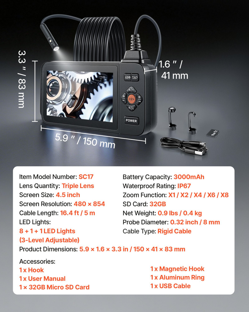 Triple Lens Endoscope 16.4FT Cable 4.5" Screen Borescope Camera IP67 Light