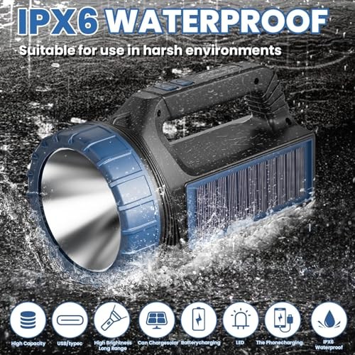 Solar Flashlight，Solar Powered Flashlight for Multi Function 8000 Lumens with 1