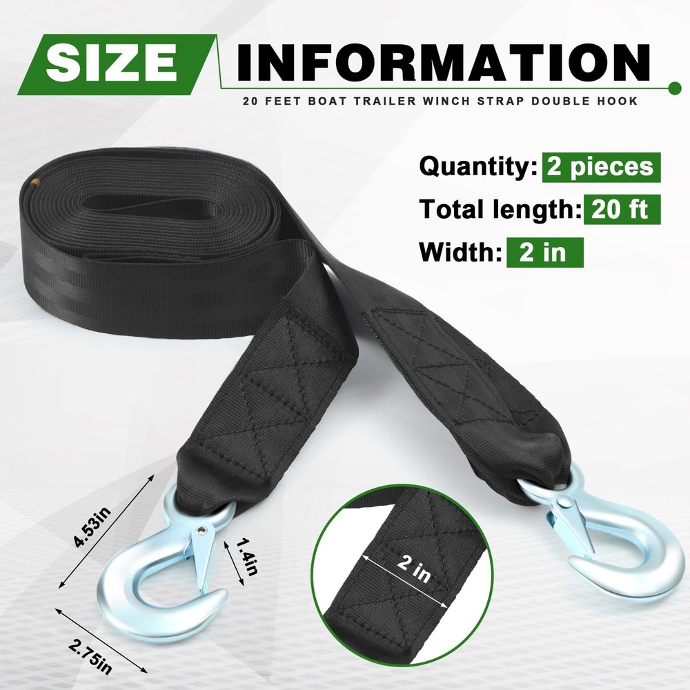 Bememo 2 Pack 2"x20' Boat Trailer Winch Strap w/ Double Hook 9642019