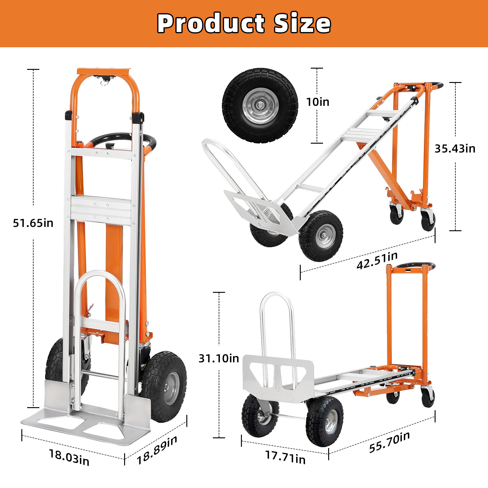 Aluminum Convertible Hand Truck 4-in-1000 Lbs Capacity Heavy Duty Dolly Cart