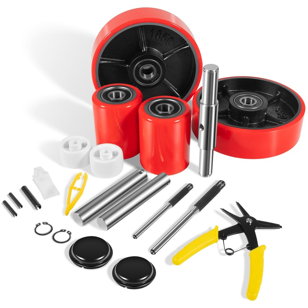 Pallet Jack Wheel Kit Red Polyurethane 7"x2" Steering 3"x3.75" Load Rollers