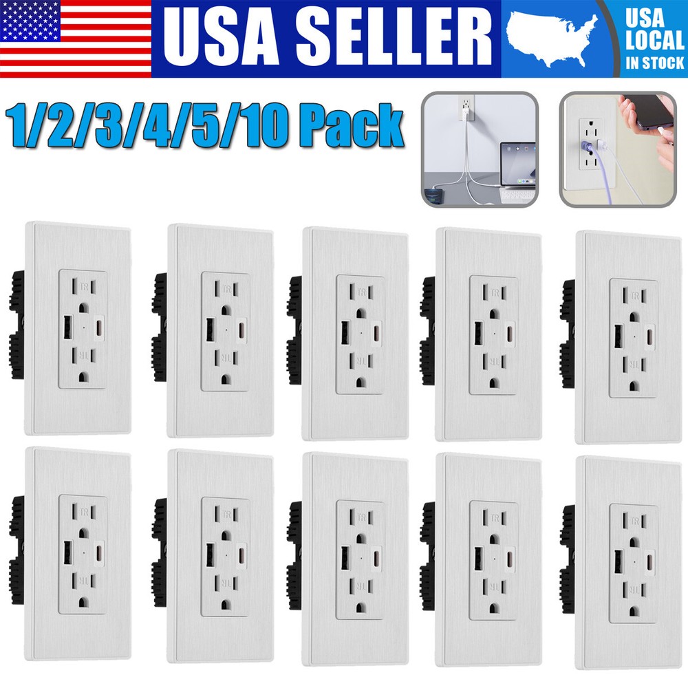 Electrical Outlet Panel Wall Socket AC Power Receptacle w/ USB-C USB-A Port Lot