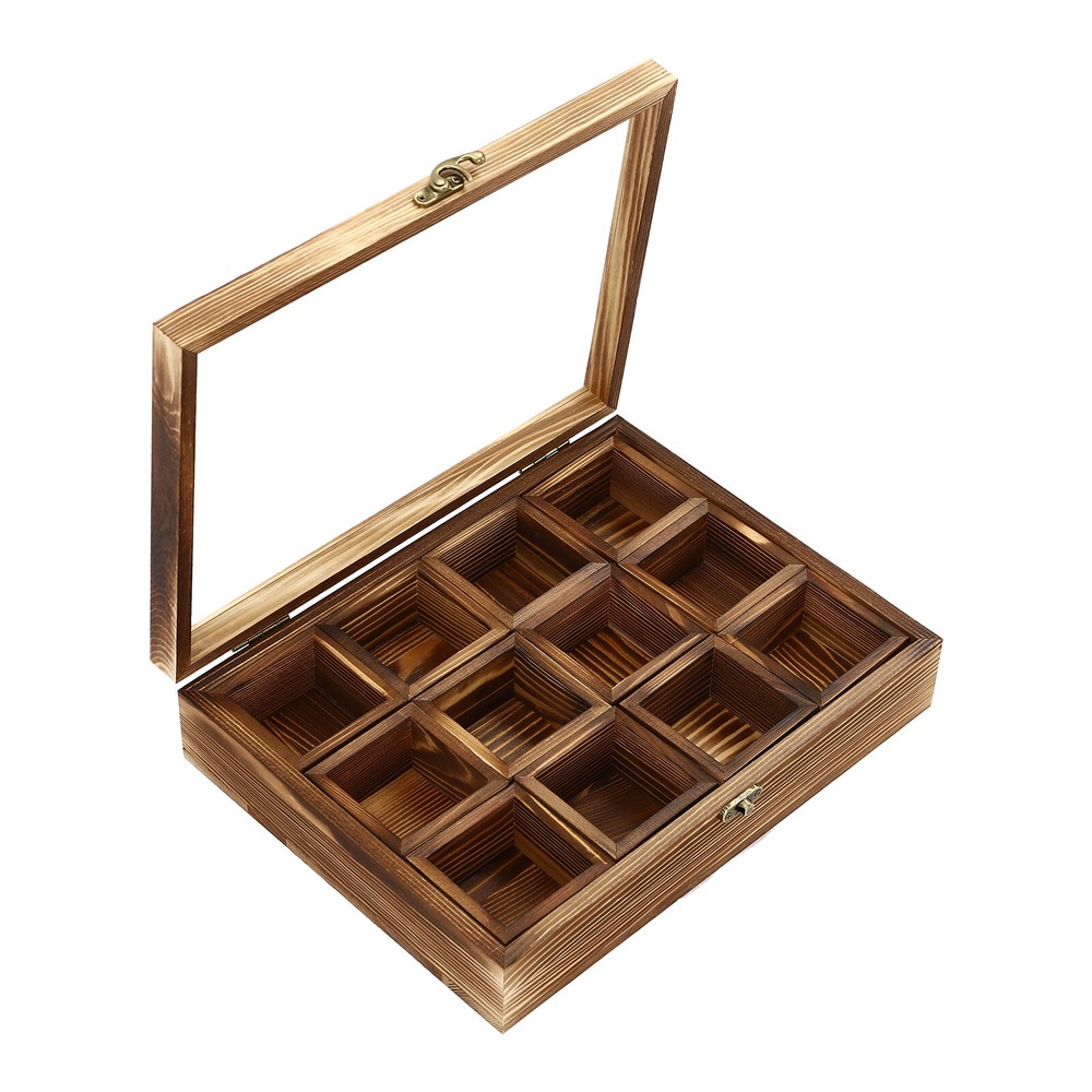 12-Compartment Wooden Spice Box with Spoon - Elegant Kitchen Storage Solution