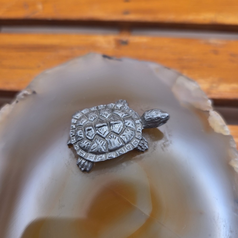 Pewter Turtle Figurine On Agate Slab