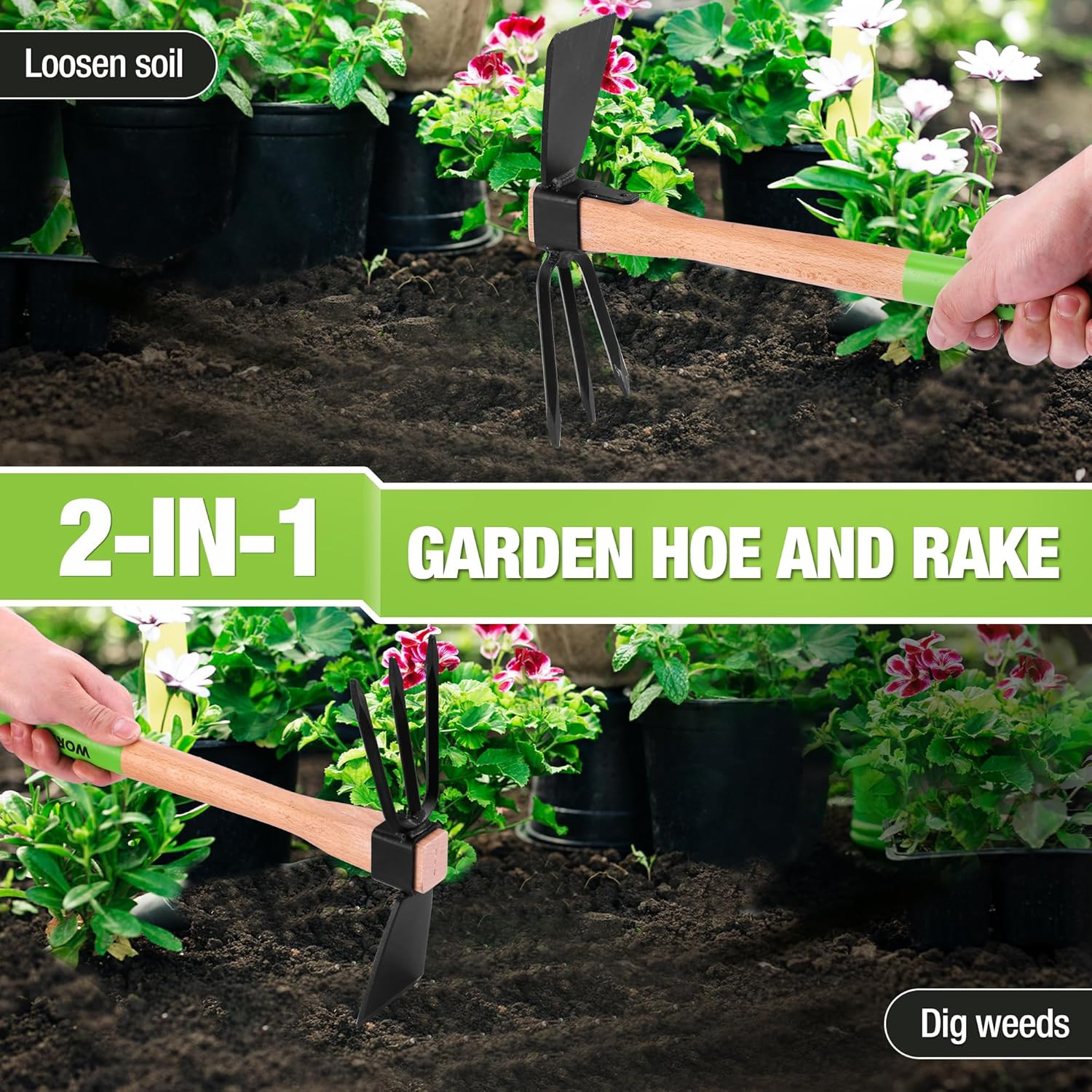 Hoe and Cultivator Garden Rake with 14" Wooden Handle, Sharp Hoe Blade & Sturdy