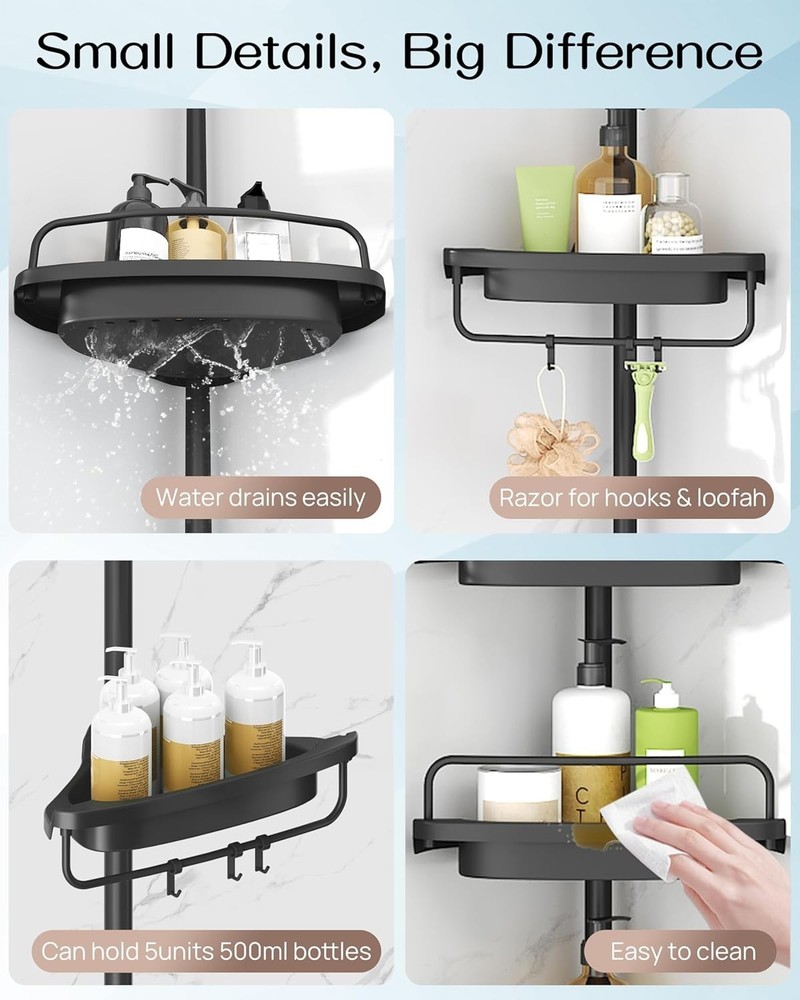 Corner Shower Caddy Tension Pole, Extendable Rustproof Stainless Steel Pole &...