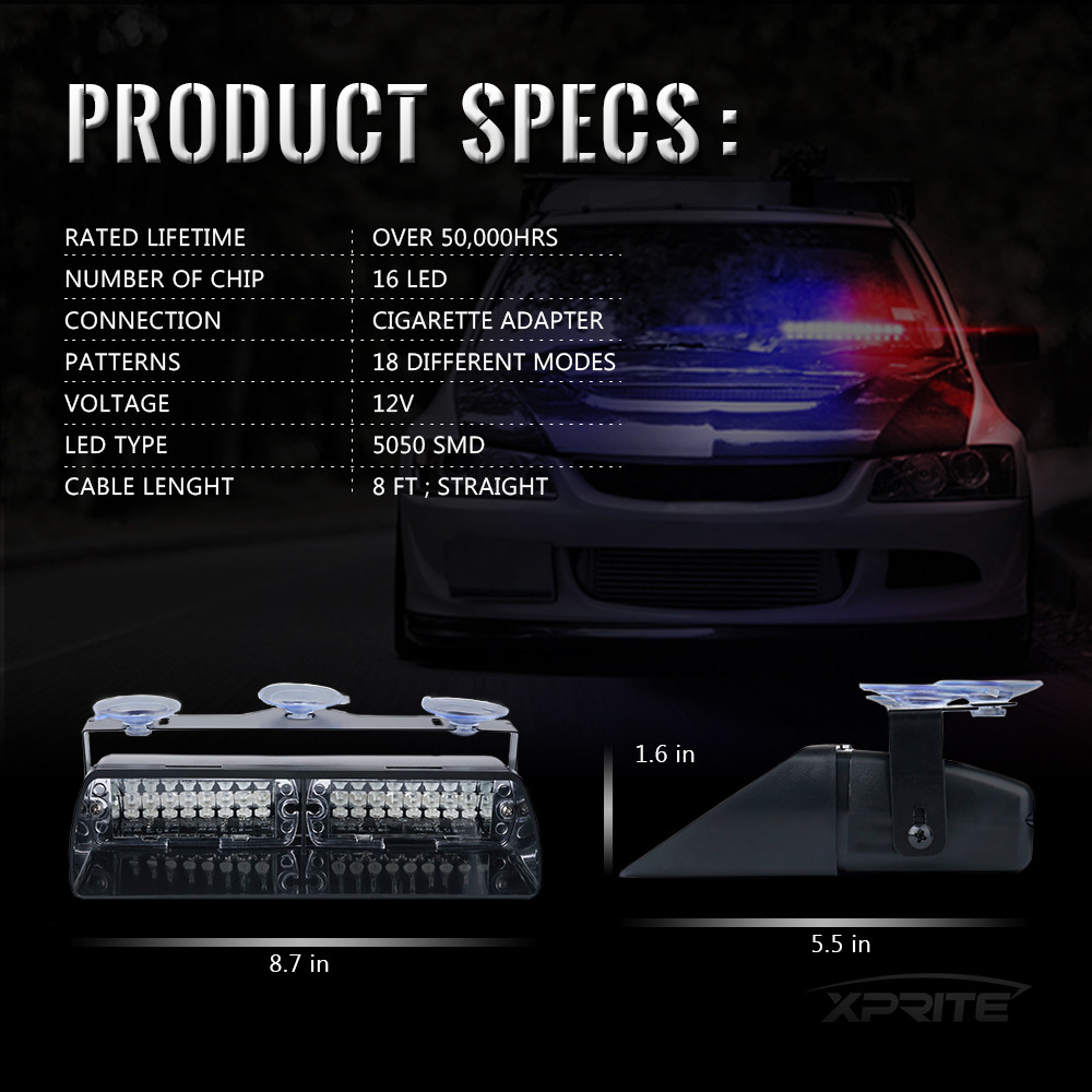Xprite 16LED Strobe Light Interior Dash Flash Emergency Warning Windshield White