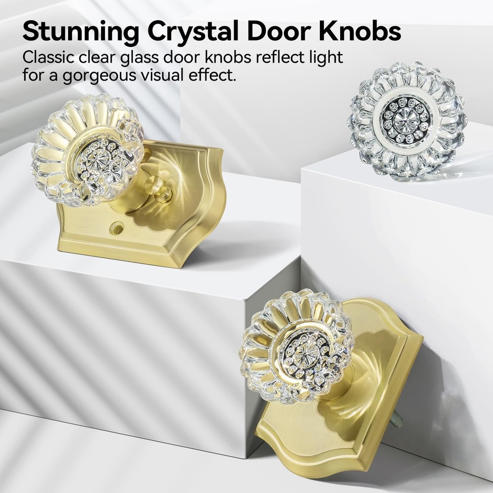 Crystal Door Knobs with Lock, Brushed Gold Glass Door Knobs Interior for Priv...