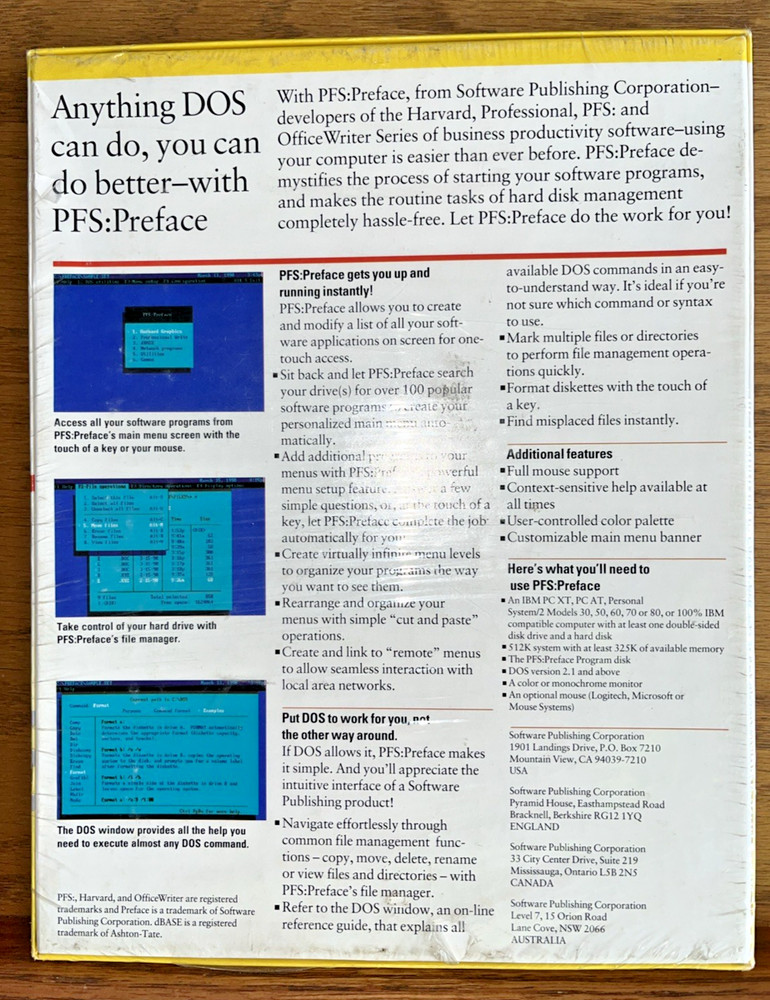 Vintage SPC Software Publishing PFS:Preface - menu system and DOS manager