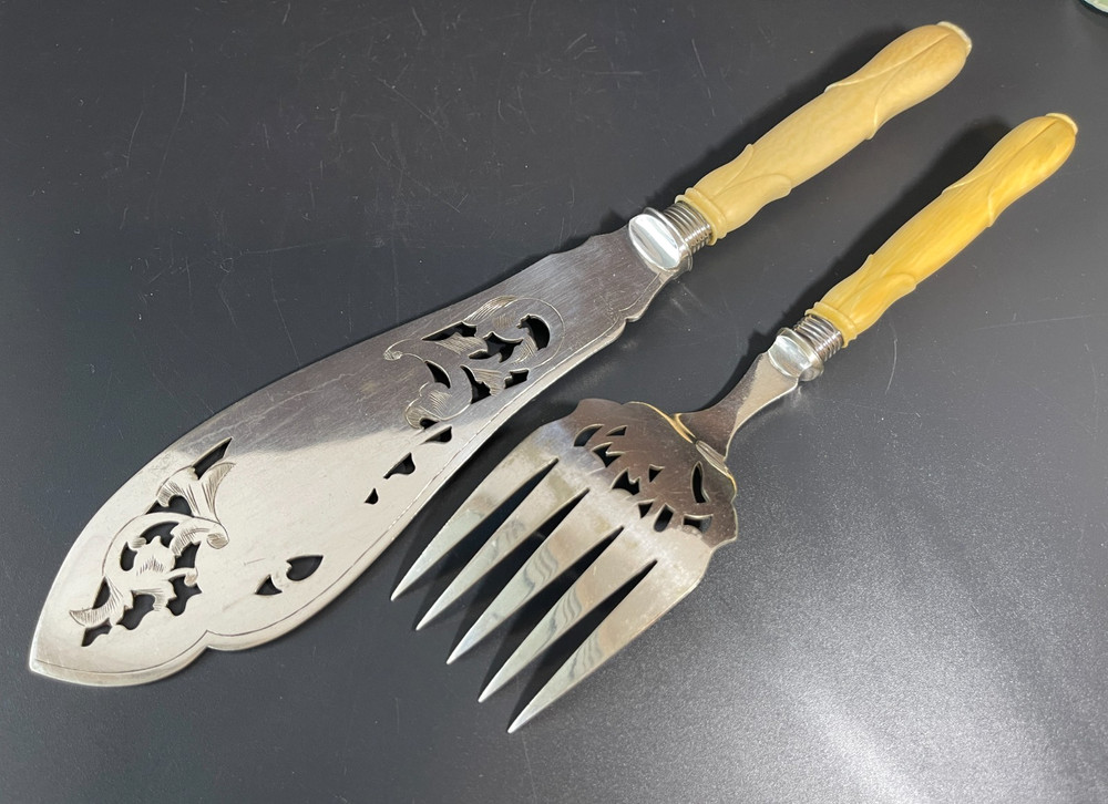 Antique Victorian Silver Plate Serving Fish Knife & Fork Set