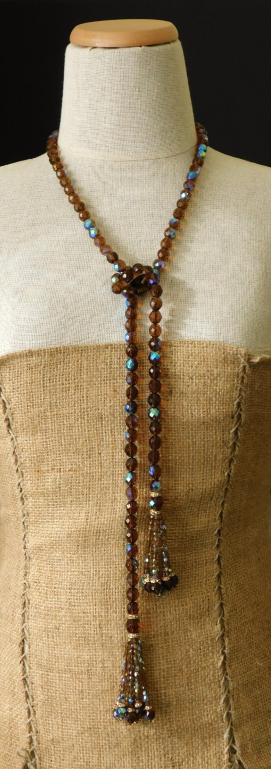 Vintage JOAN RIVERS Lariat Tassel Necklace Brown AB Faceted Beads Flapper NWT