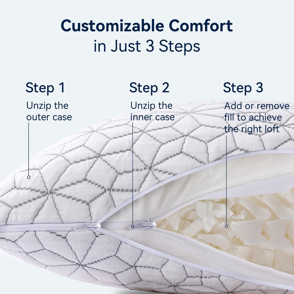 Cooling Shredded Memory Foam Pillows for Sleeping 2 Pack, Adjustable Bed Pill...