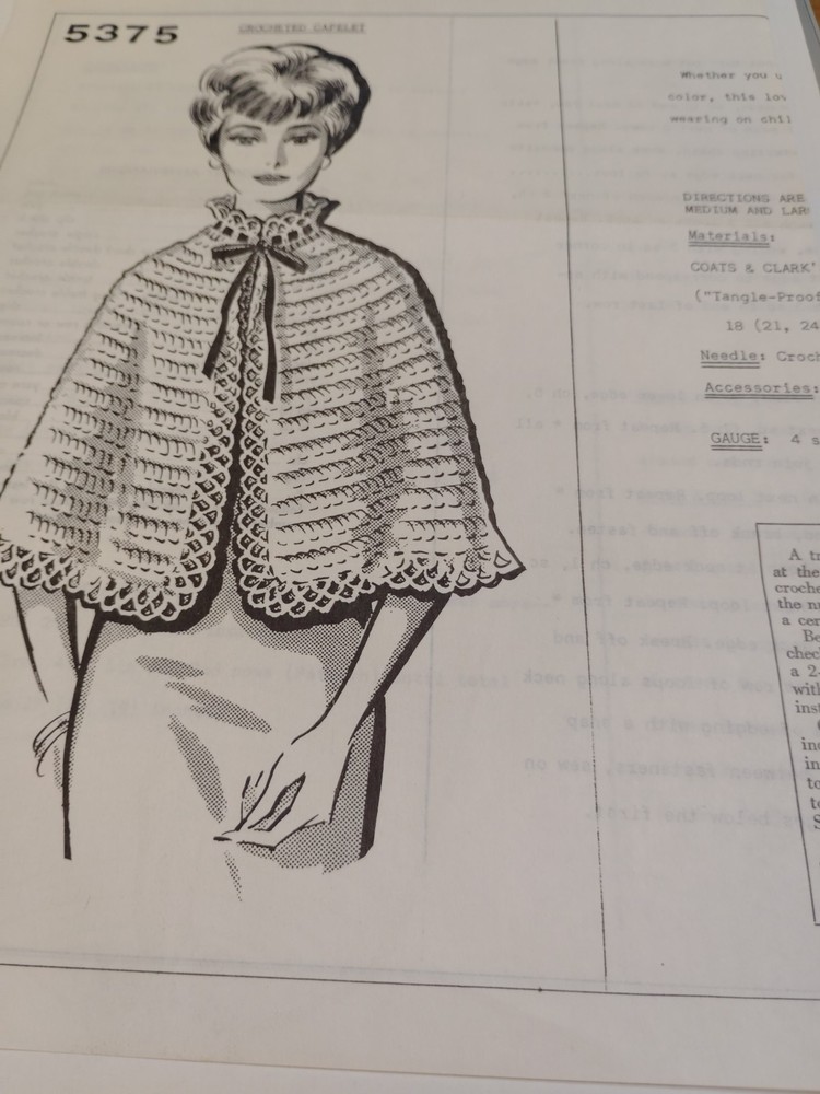 Crochet Capelet Wrap Cape 5375 Pattern Leaflet Page VTG Mail Order Crocheted